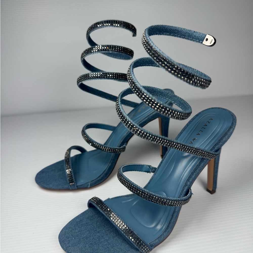 Azalea Wang Lowri Denim Sparkle Rhinestone Spiral Wrap Heels NWT
